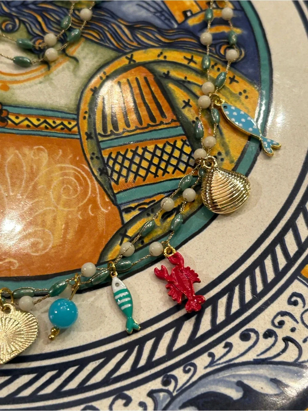 NWOT Necklace “1 Fish, 2 Fish, Red Fish…enamel Sea Life Charms, Aqua white beads
